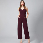 Women Burgundy Solid Basic Jumpsuit