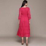 Fuchsia Solid Chiffon Smocked Tiered Midi Dress