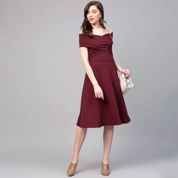 https://fineclothes.in/products/burgundy-off-shoulder-pleated-fit-flare-dress