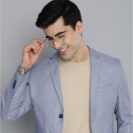 Men Blue Self Design Textured Regular Fit Smart Casual Blazer