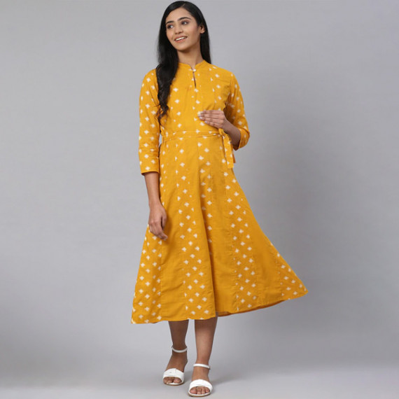 https://fineclothes.in/products/women-mustard-yellow-off-white-printed-pure-cotton-maternity-a-line-dress