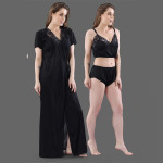 Women Black Solid Satin 3 Piece Nightwear Set