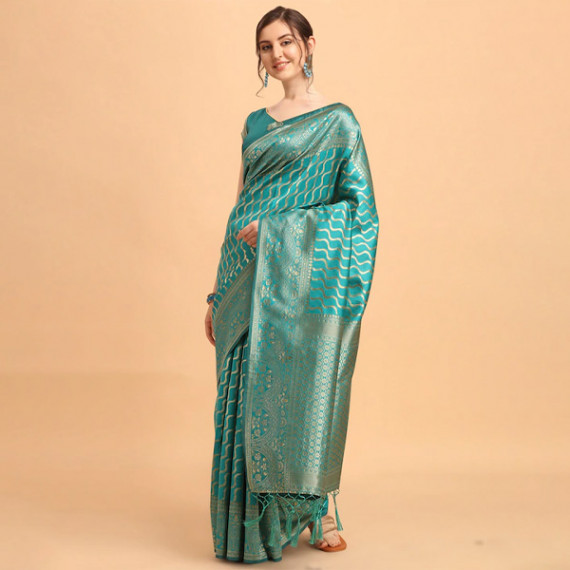 https://fineclothes.in/products/green-gold-toned-silk-blend-fusion-leheriya-saree